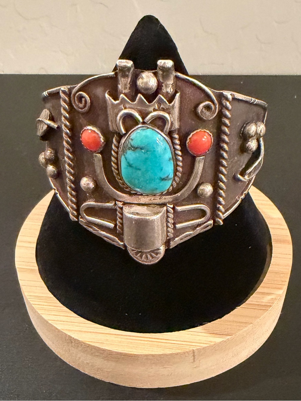 Silver Cuff Bracelet Handmade With Bisbee Turquoise and Coral